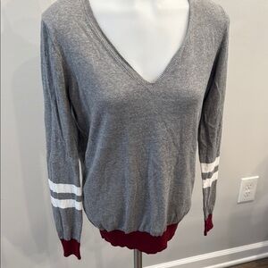 J Crew Factory Small Gray V-Neck Lightweight Sweater Red White Striped Accents
